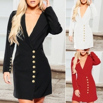 Elegant Solid Color Lapel V-neck Long Sleeve  Buttoned Suit Dress