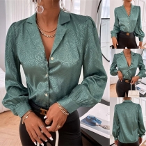 Fashion Floral Printed Lapel V-neck Buttoned Long Sleeve Blouse