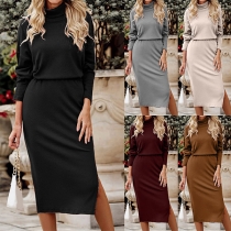 Fashion Solid Color Two-piece Set consisting of Turtleneck Shirt and Slit Pencil Skirt