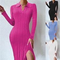 Fashion Stand Collar V-neck Long Sleeve Slit Knitted Dress