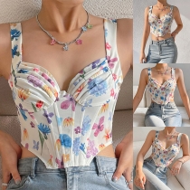 Sexy Floral Printed Sweetheart Neckline Corset Crop Top