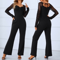 Casual Gauze Spliced Long Sleeve Sweetheart Neckline Wide-leg Jumpsuit