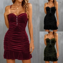 Sexy Solid Color Ruched Ruffle Hemline Velvet Slip Dress