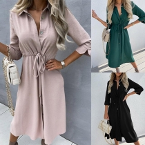 Fashion Stand Collar Elbow Sleeve Buttoned Shirt Dress