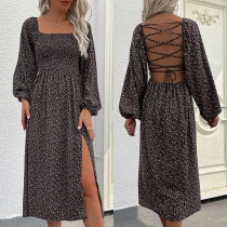 Sexy Floral Printed Long Sleeve Square Neck Criss-cross Slit Dress