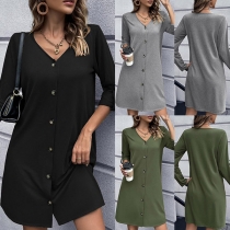 Casual Roll-tab Long Sleeve V-neck Buttoned Mini Dress