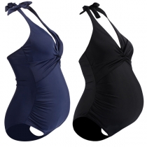 Fashion Solid Color Backless Halter Neck Maternity One-piece Swimsuit