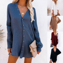 Casual Solid Color Long Sleeve V-neck Buttoned Shirt