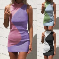 Fashion Contrast Color Mock Neck Sleeveless Bodycon Dress