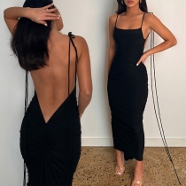 Sexy Solid Color V-neck Backless Self-tie Bodycon Party Dress