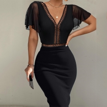 Fashion V-neck Ruffled Short Sleeve Black Bodycon Dress