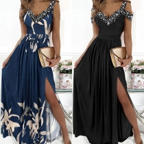 Fashion Floral Printed Rhinestone Sleeveless Slit Pleated Maxi Dress