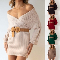 Fashion Solid Color Long Sleeve V-neck Knitted Dress