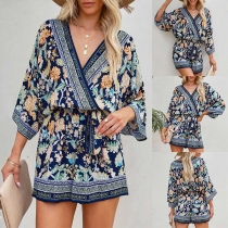 Bohemia Style Floral Printed V-neck Elbow Sleeve Romper