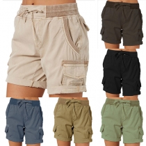 Casual Side Patch Pockets Elastic Waist Shorts for Women
