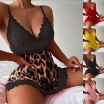 Sexy Lace Spliced V-neck Backless Lingerie Bodysuit