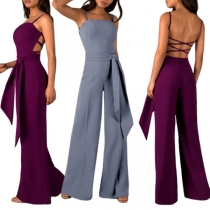 Sexy Solid Color Lace-up Backless Self-tie Wide-leg Jumpsuit