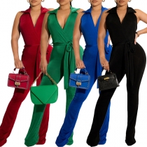 Fashion Solid Color V-neck Halter Neck Backless Wide-leg Jumpsuit with Belt