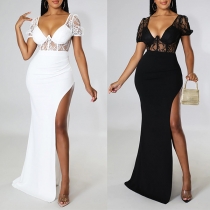 Sexy Lace Spliced Cap Sleeve Sweetheart Neckline High Slit Party Dress