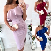 Sexy Solid Color Ruffle One-shoulder Slit Bodycon Party Dress