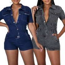 Fashion Stand Collar Short Sleeve Buttoned Denim Romper