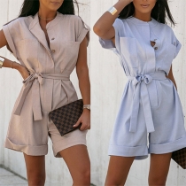 Fashion Solid Color Short Sleeve Buttoned Self-tie Romper