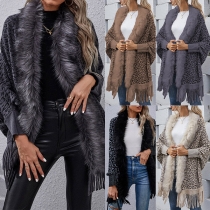 Fashion Leopard Print Artificial Fur Spliced Tassel Hemline Knitted Cardigan
