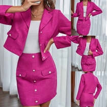 Fashion Rose Red Suit Set Consist of Lapel Crop Blazer and Mini Skirt
