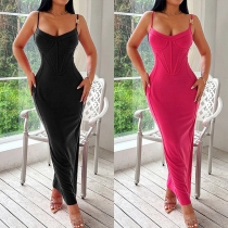 Fashion Solid Color Knitted Bodycon Maxi Slip Dress