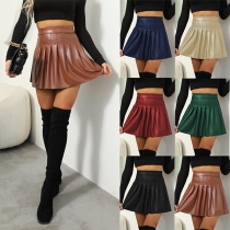 Fashion Solid Color Pleated Artificial Leather PU Skirt
