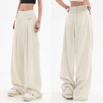 Casual Solid Color Drawstring Wide-leg Pants