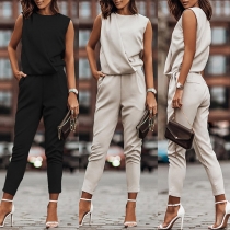 Fashion Solid Color Round Neck Sleeveless Jumpsuit