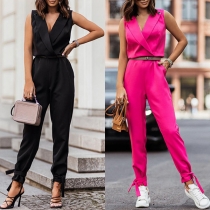 Fashion Solid Color Round Neck Sleeveless Jumpsuit