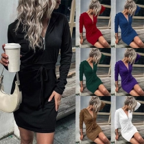 Fashion Solid Color Long Sleeve Zipper Hoodie Bodycon Dress