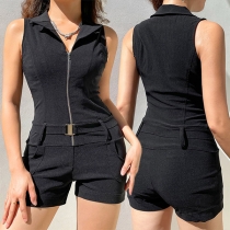 Fashion Solid Color Stand Collar Zipper V-neck Sleeveless Buckle Romper