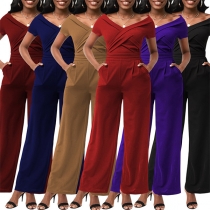 Sexy Solid Color Ruched V-neck Cap Sleeve Wide-leg Jumpsuit