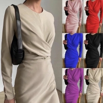 Fashion Solid Color Cross Ruched Round Neck Long Sleeve Bodycon Dress