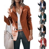 Street Fashion Solid Color Lapel Long Sleeve Artificial Leather PU Jacket