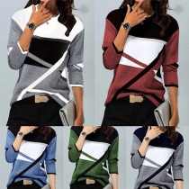 Fashion Contrast Color Round Neck Long Sleeve Shirt