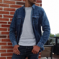 Casual Old-washed Long Sleeve Stand Collar Denim Shirt for Men
