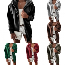 Casual Solid Color Long Sleeve Zipper Hoodie Sweatshirt Jacket
