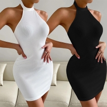 Sexy Solid Color Halter Neck Bakcless Bodycon Knitted Party Dress
