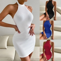 Sexy Solid Color Halter Neck Bakcless Bodycon Knitted Party Dress