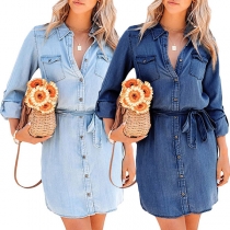 Casual Stand Collar LOng Sleeve Self-tie Denim Dress