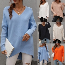Casual Solid Color V-neck Long Sleeve Backless High-low Hemline Knitted Sweater