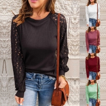Fashion Solid Color Round Neck Lace Spliced Long Sleeve Shirt