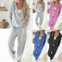 Casual Solid Color Two-piece Set Consist of Hooded Jacket and Sweatpants