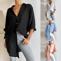 Casual Solid Color V-neck Long Sleeve Buttoned Shirt