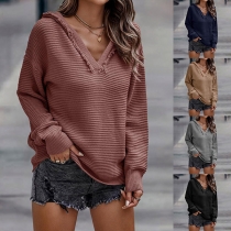 Casual Solid Color Distressed V-neck Long Sleeve Knitted Hoodie Sweater