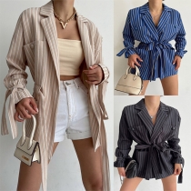 Fashion Vertical Stripe Printed Notch Lapel Long Sleeve Self-tie Jacket